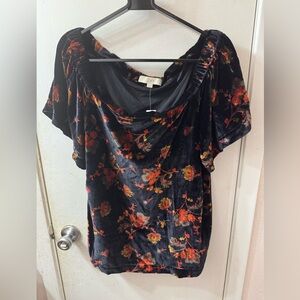 LOFT Black, Red, and Auburn Floral Velvet Blouse // Size XL // NWT